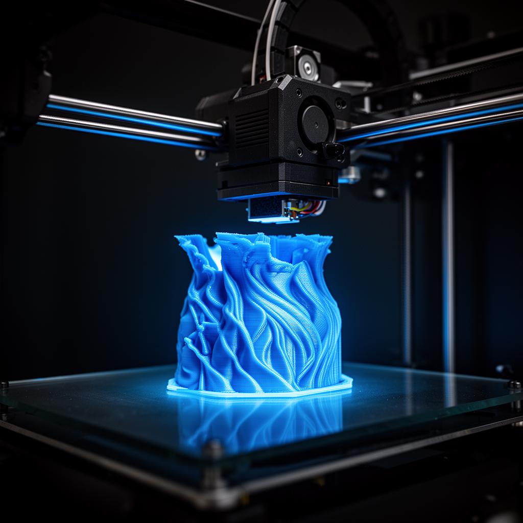 Impressora 3D imprimindo peça azul com luz LED